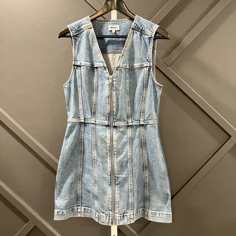 Weekday Denim Zip Front Mini Dress Womens Sz EU 40 US 8 Blue Sleeveless Cotton